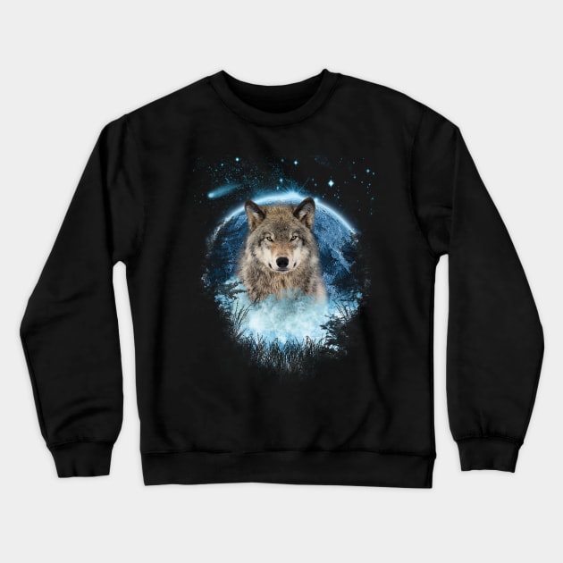 Grey Wolf Blue Moon Full Scape Crewneck Sweatshirt by Ratherkool